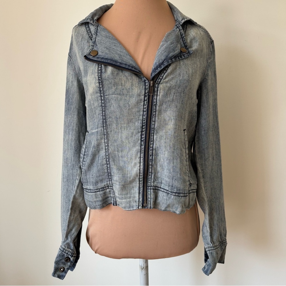 Michael Stars Blue Vintage Wash Moto Linen Denim Tencel Jean Jacket NWT Size XS